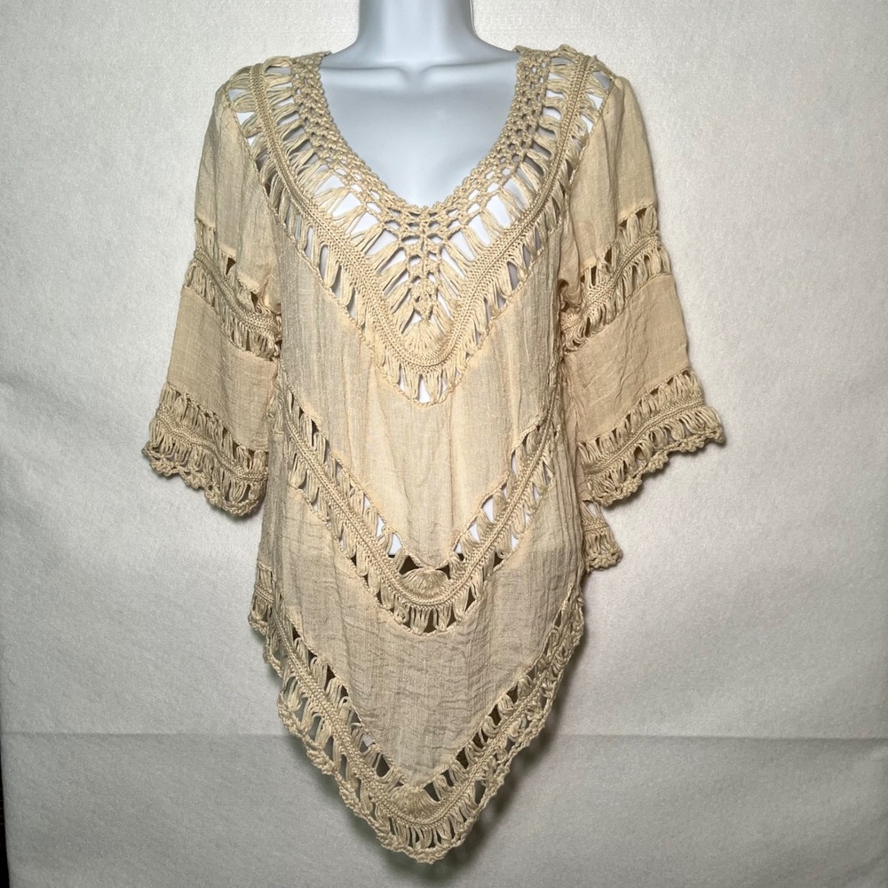 GeeGee Beige Crochet Gypsy Gauze Tunic Top Boho Handkerchief Hem Women's M